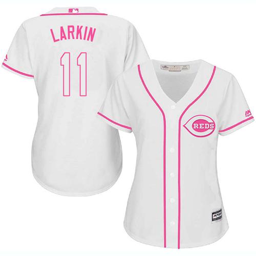 Reds #11 Barry Larkin White/Pink Fashion Women's Stitched MLB Jersey - Click Image to Close
